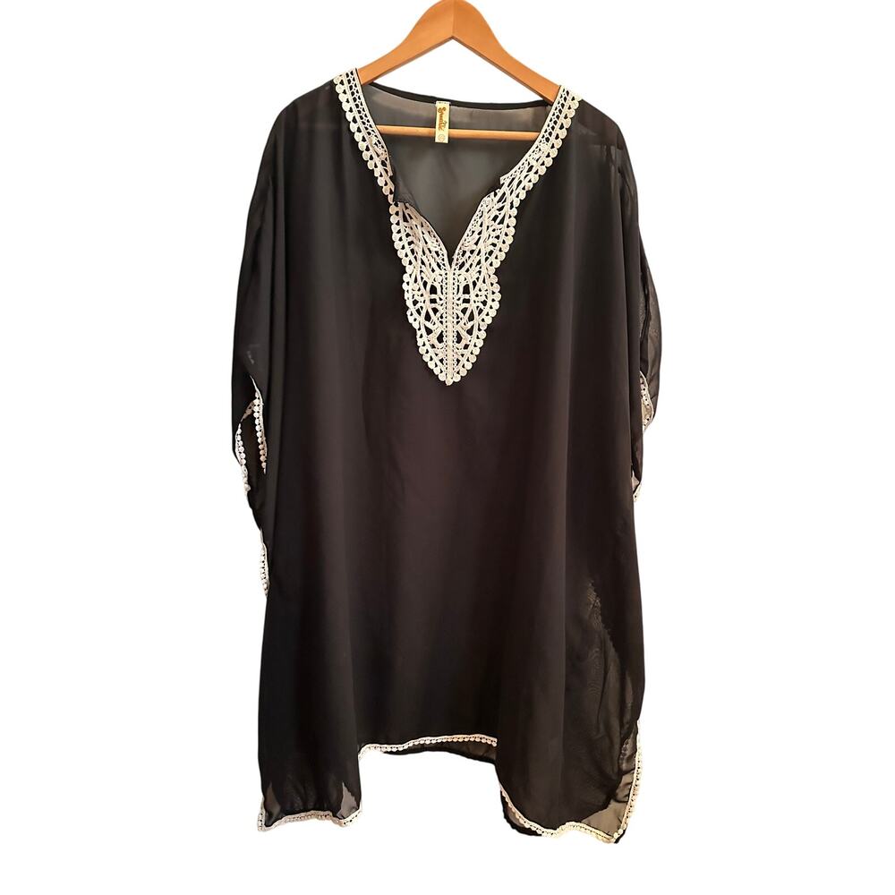 Kaftan Swim Coverup Plus Size Black White Crochet Lace Sheer V-Neck Boho Resort